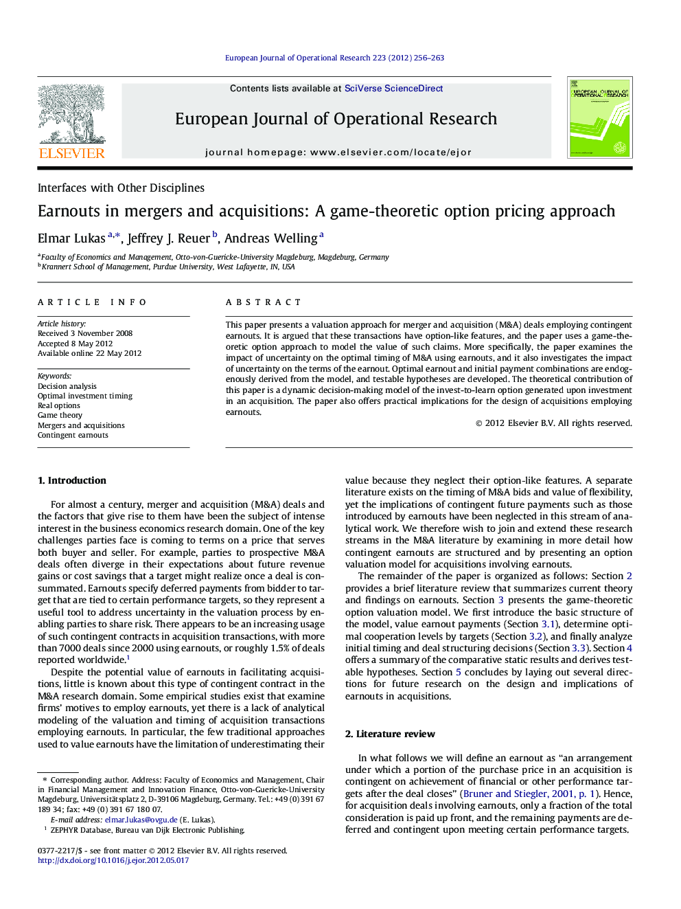 Earnouts in mergers and acquisitions: A game-theoretic option pricing approach