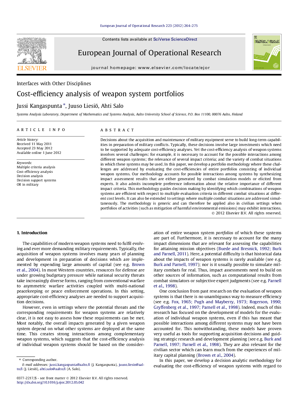 Cost-efficiency analysis of weapon system portfolios