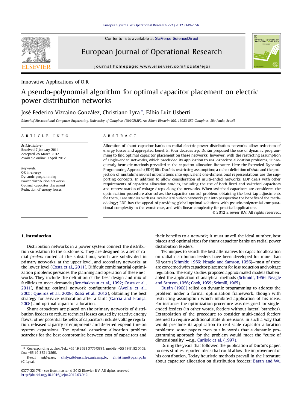 A pseudo-polynomial algorithm for optimal capacitor placement on electric power distribution networks