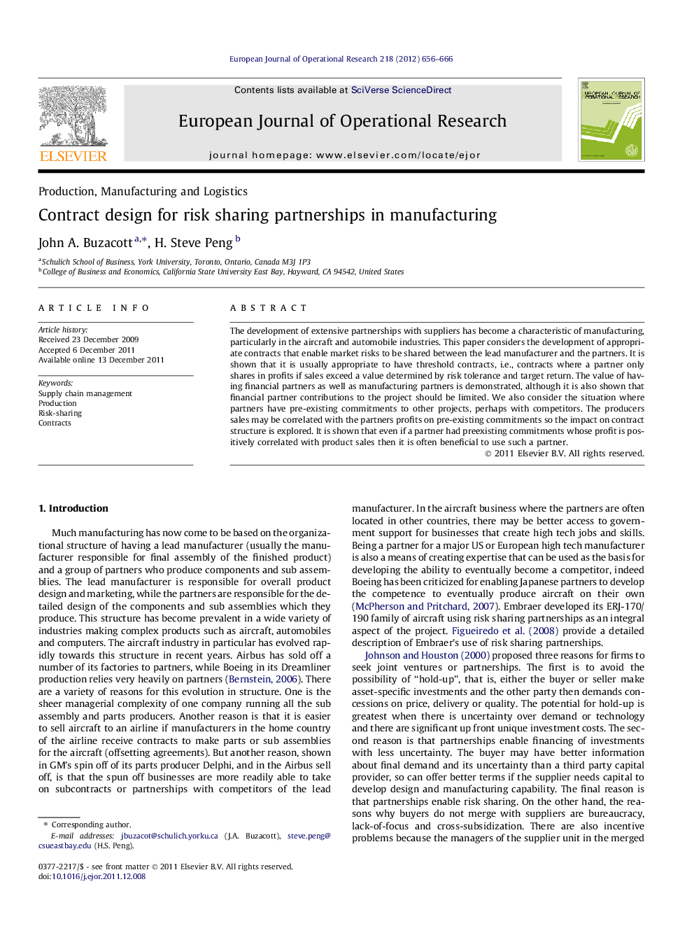 Contract design for risk sharing partnerships in manufacturing