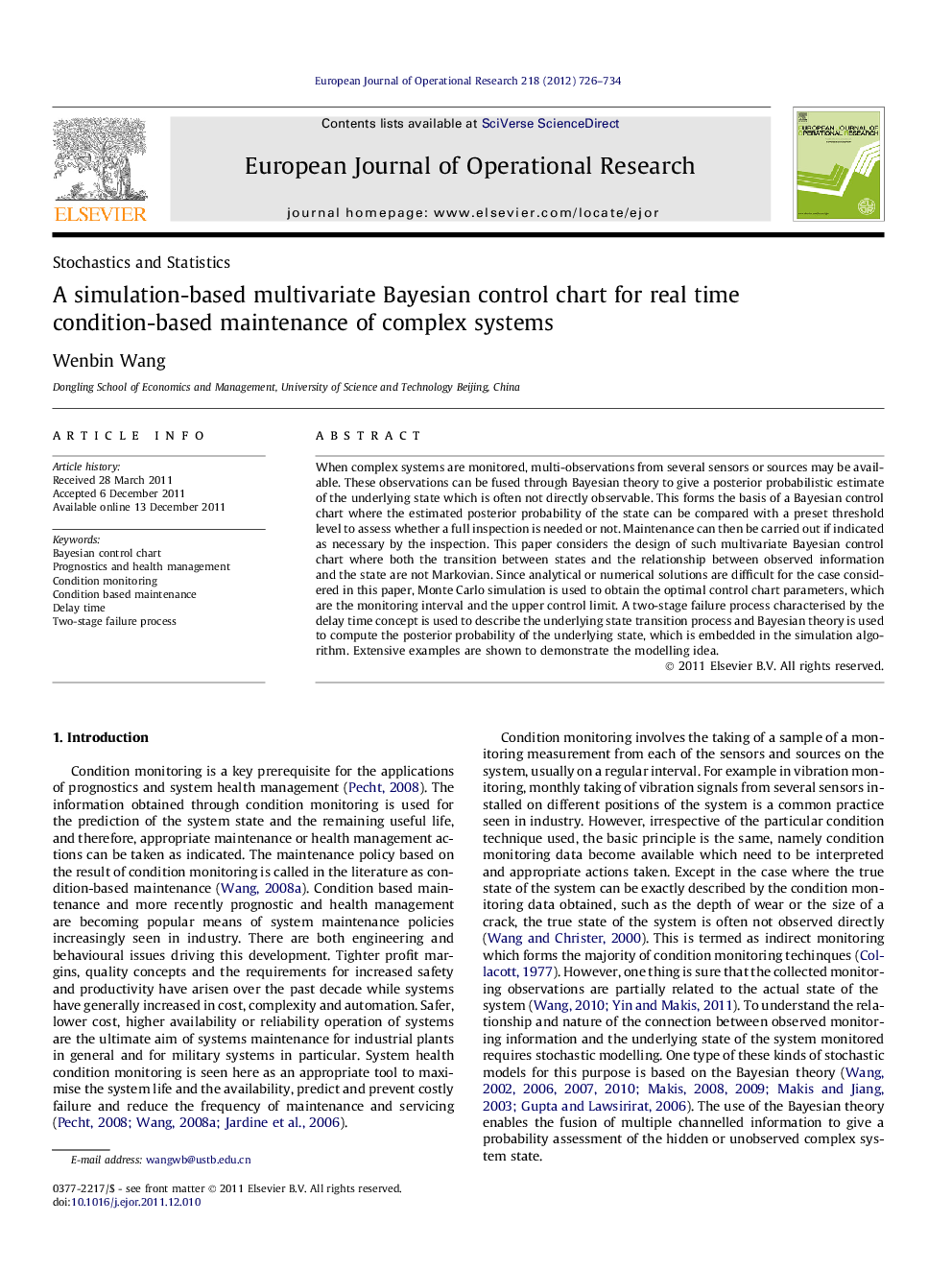 A simulation-based multivariate Bayesian control chart for real time condition-based maintenance of complex systems