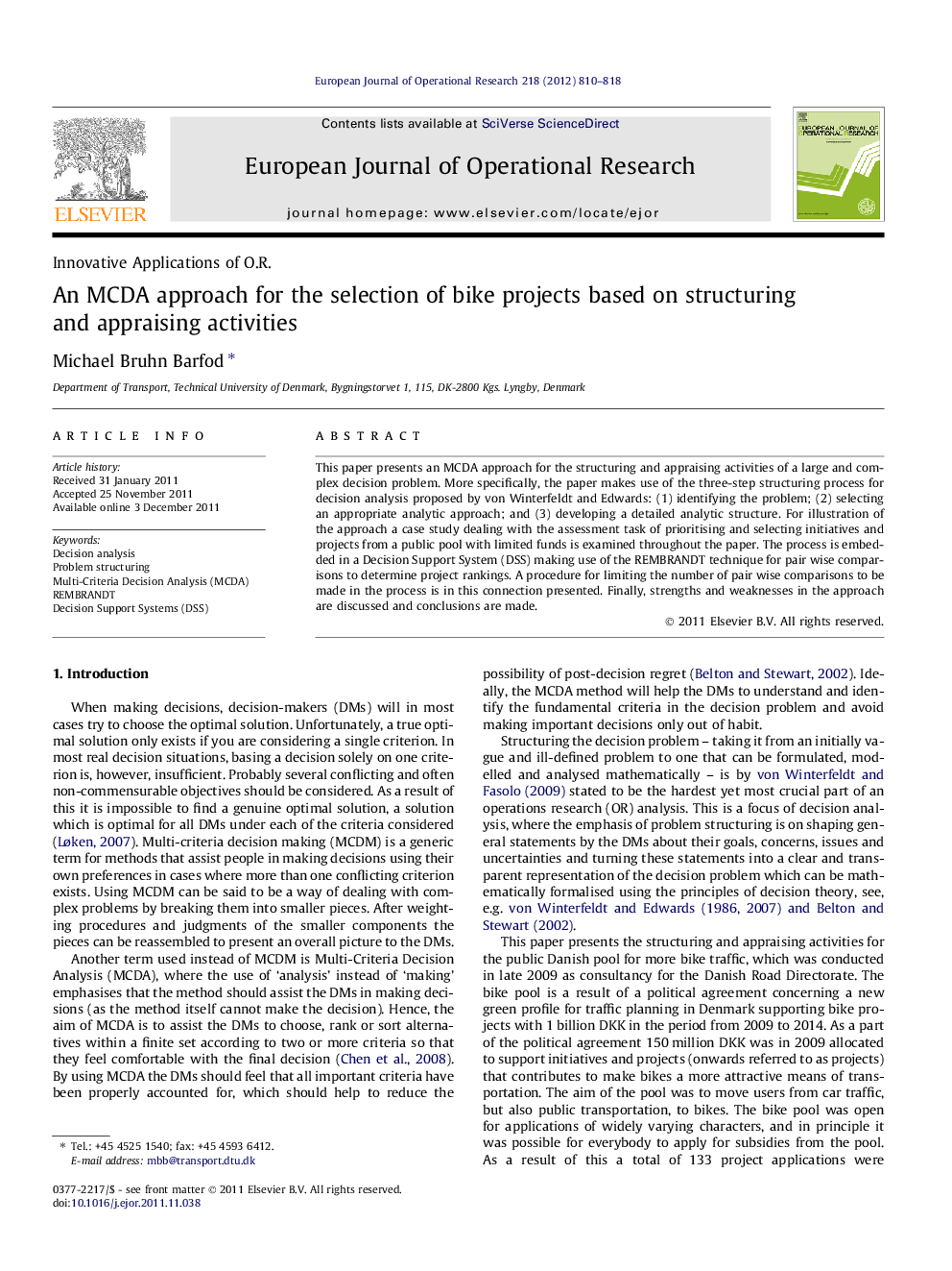 An MCDA approach for the selection of bike projects based on structuring and appraising activities