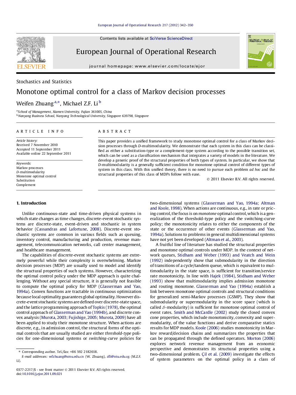 Monotone optimal control for a class of Markov decision processes