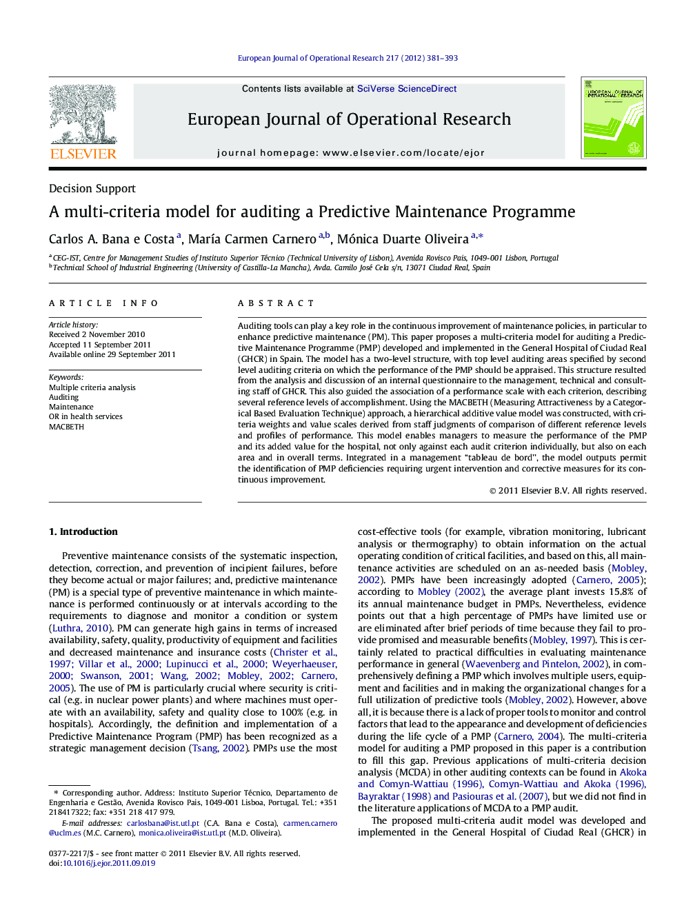 A multi-criteria model for auditing a Predictive Maintenance Programme