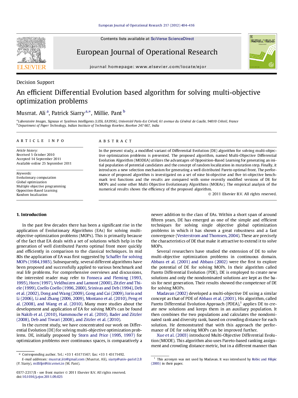 An efficient Differential Evolution based algorithm for solving multi-objective optimization problems