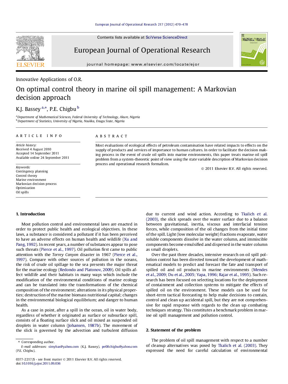 On optimal control theory in marine oil spill management: A Markovian decision approach