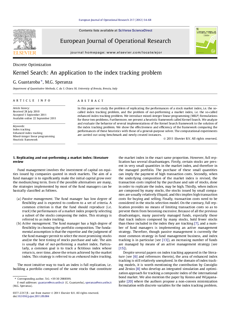 Kernel Search: An application to the index tracking problem