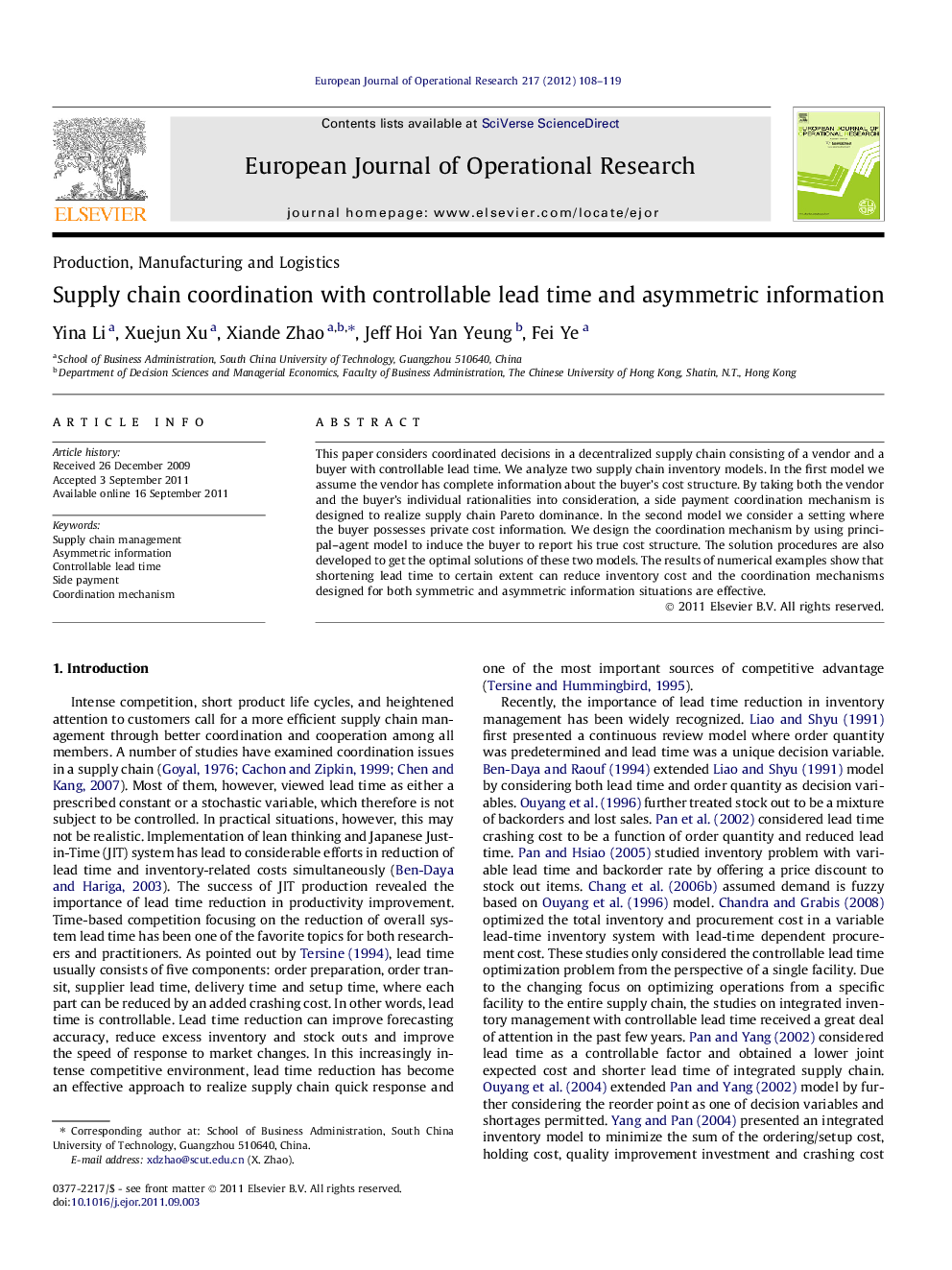 Supply chain coordination with controllable lead time and asymmetric information