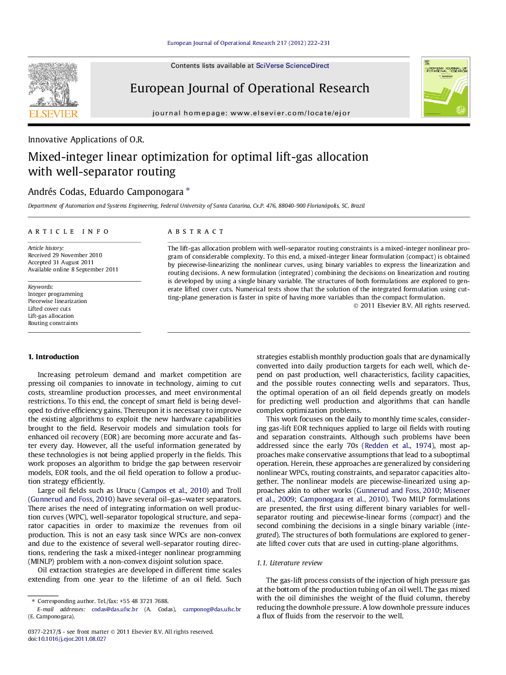 Mixed-integer linear optimization for optimal lift-gas allocation with well-separator routing