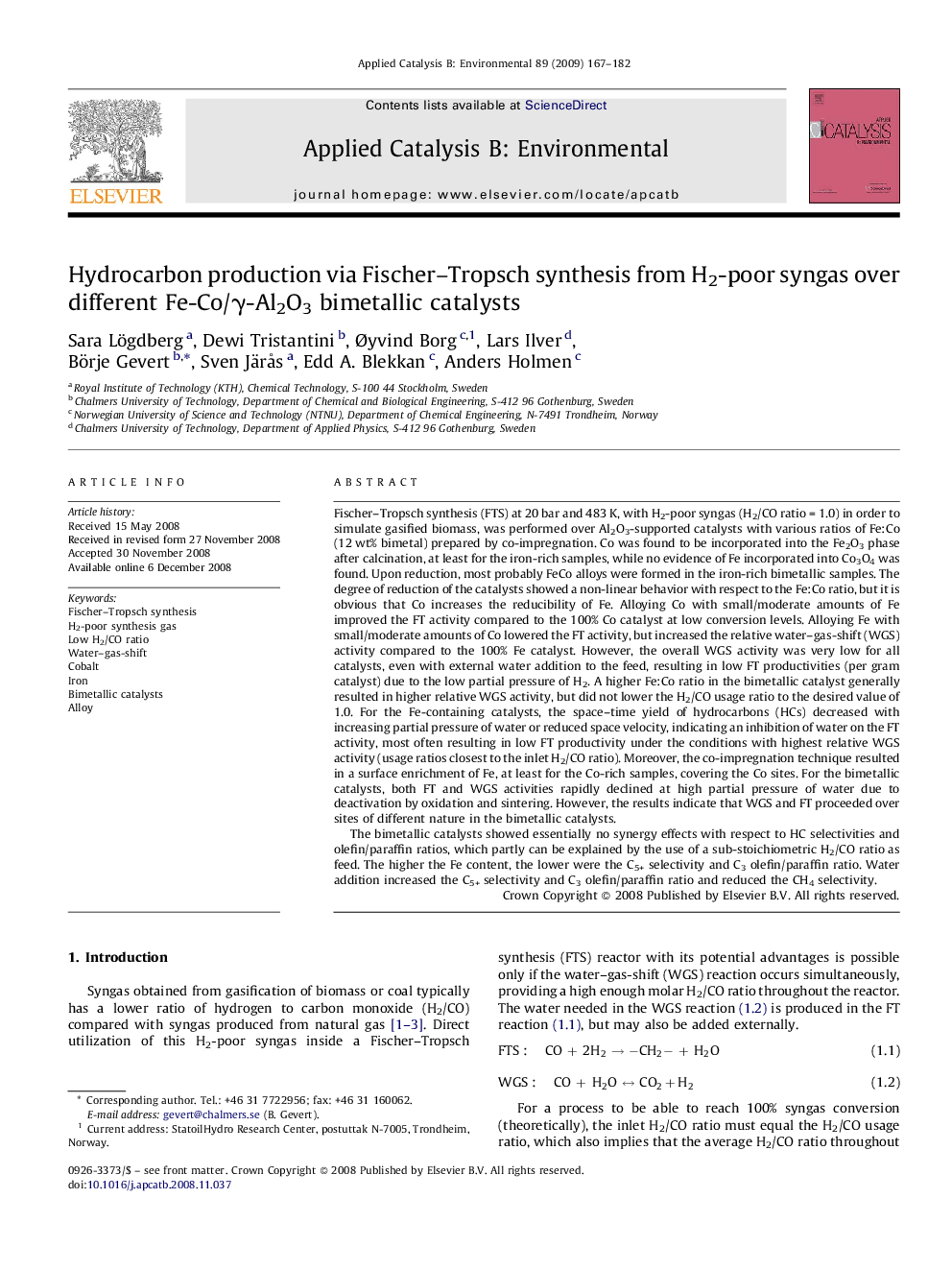 Hydrocarbon production via Fischer–Tropsch synthesis from H2-poor syngas over different Fe-Co/γ-Al2O3 bimetallic catalysts