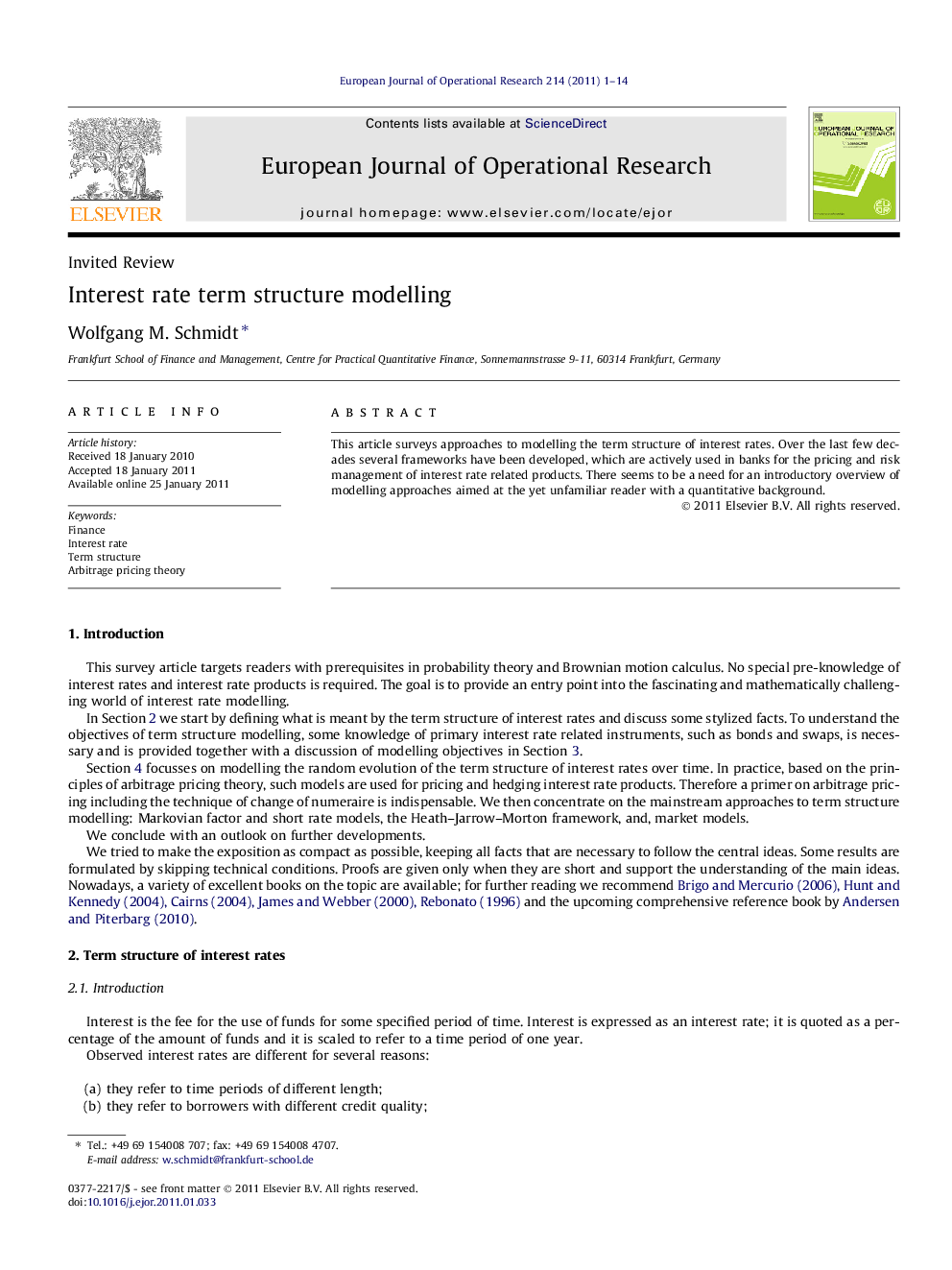 Interest rate term structure modelling