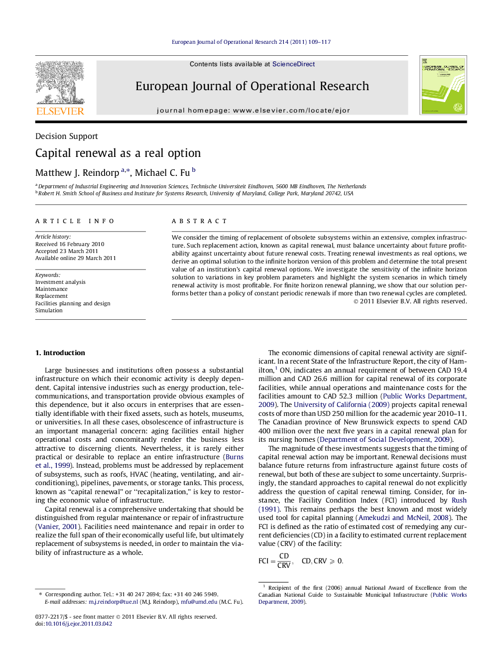 Capital renewal as a real option