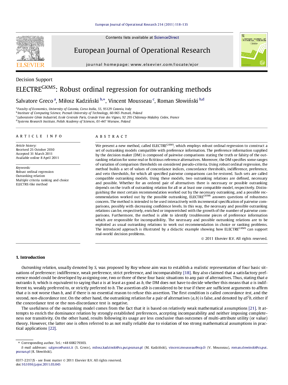 ELECTREGKMS: Robust ordinal regression for outranking methods