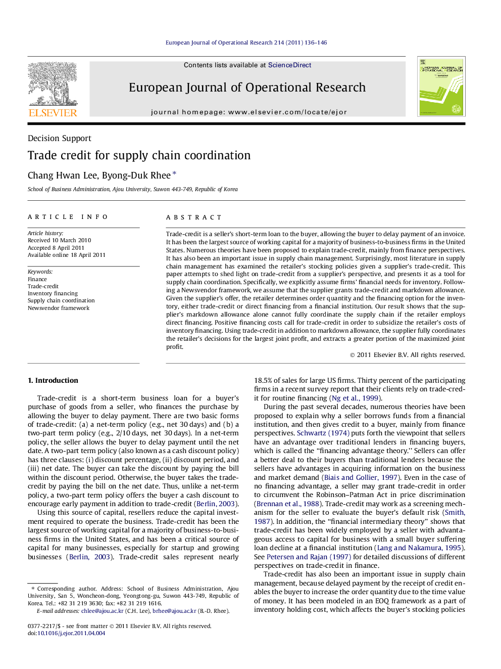 Trade credit for supply chain coordination