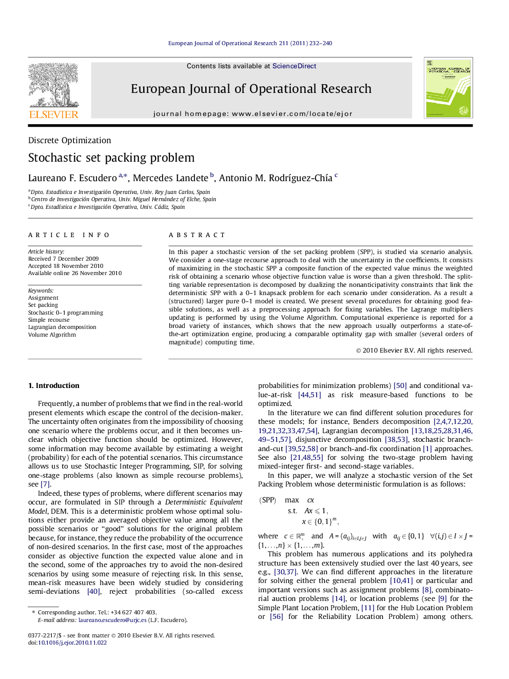 Stochastic set packing problem