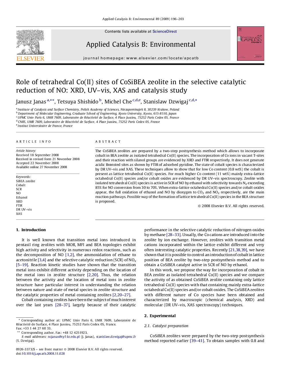 Role of tetrahedral Co(II) sites of CoSiBEA zeolite in the selective catalytic reduction of NO: XRD, UV–vis, XAS and catalysis study