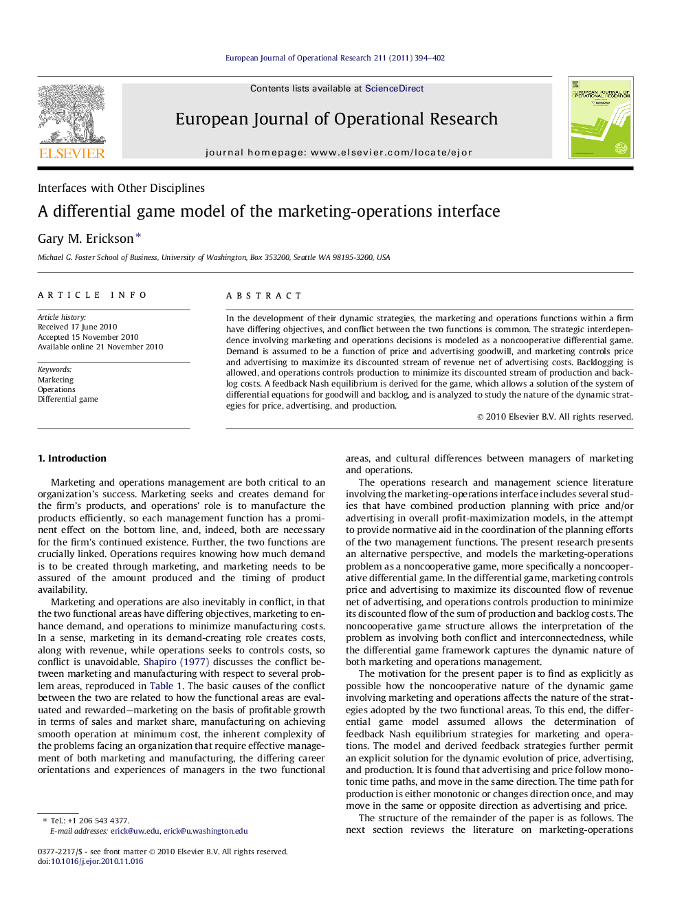 A differential game model of the marketing-operations interface