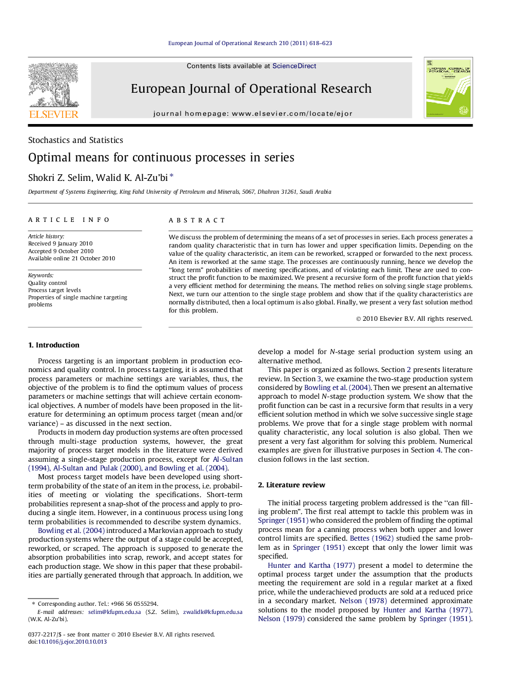 Optimal means for continuous processes in series