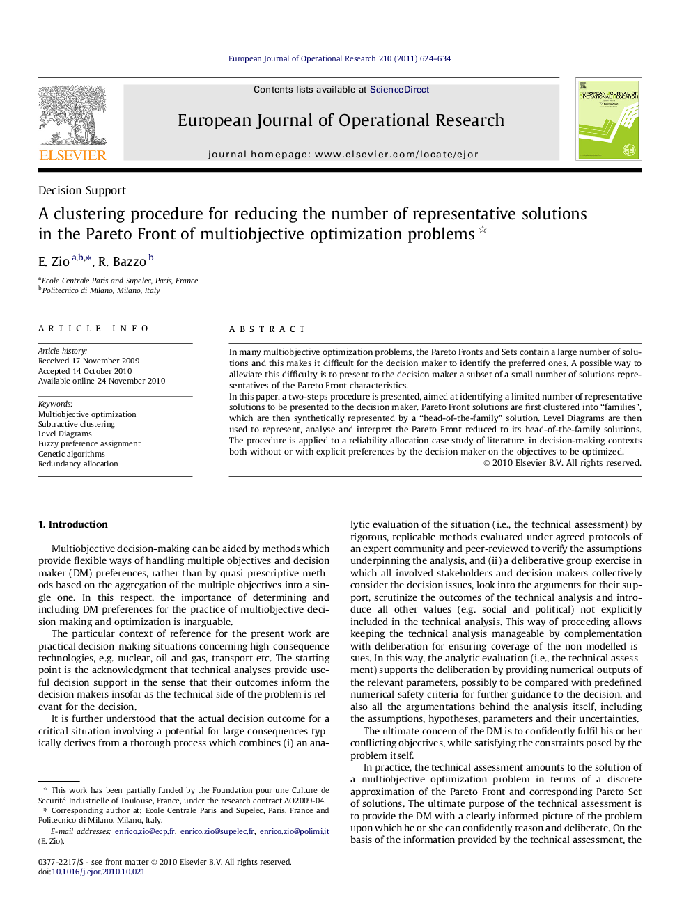 A clustering procedure for reducing the number of representative solutions in the Pareto Front of multiobjective optimization problems 