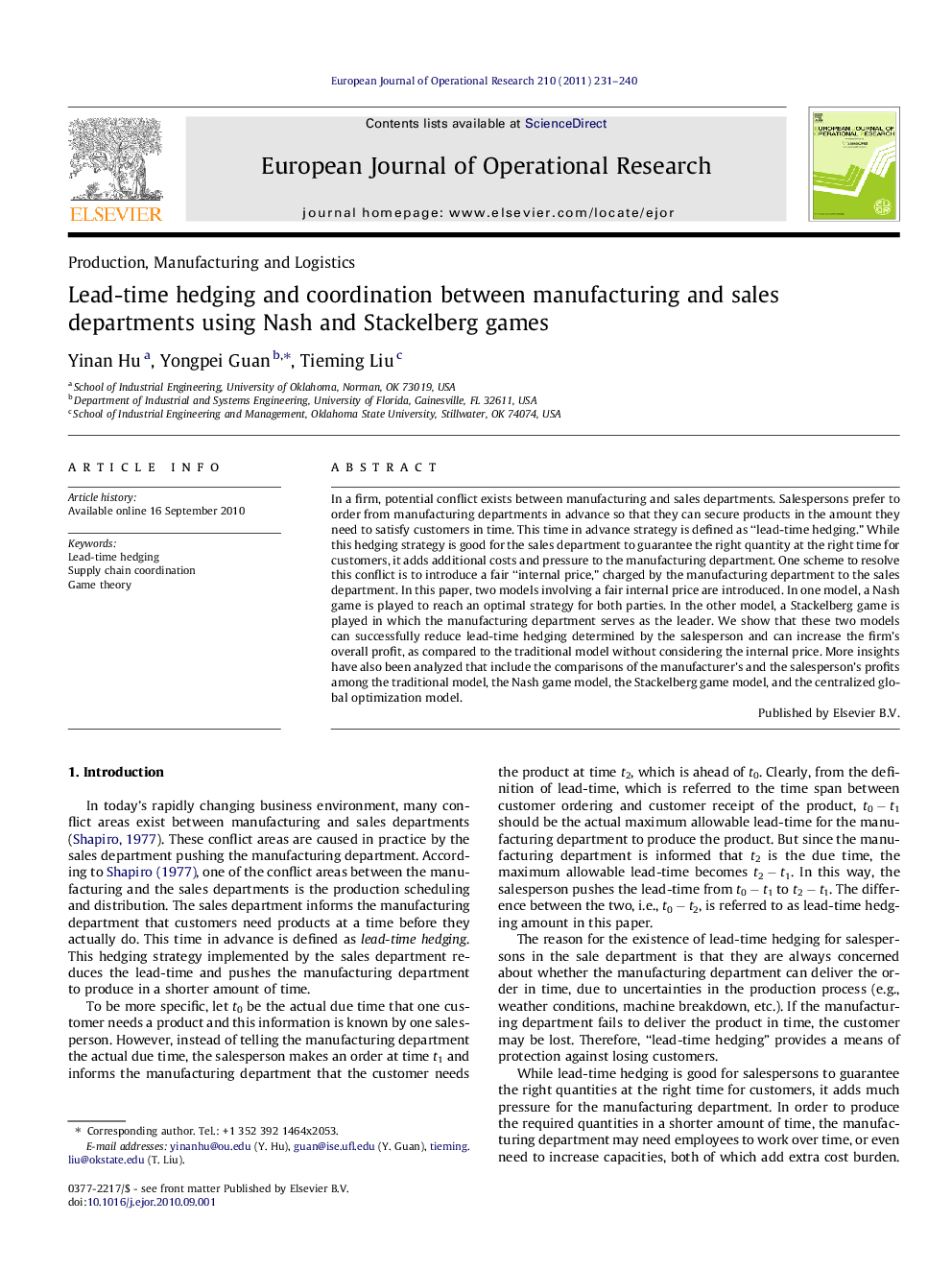 Lead-time hedging and coordination between manufacturing and sales departments using Nash and Stackelberg games