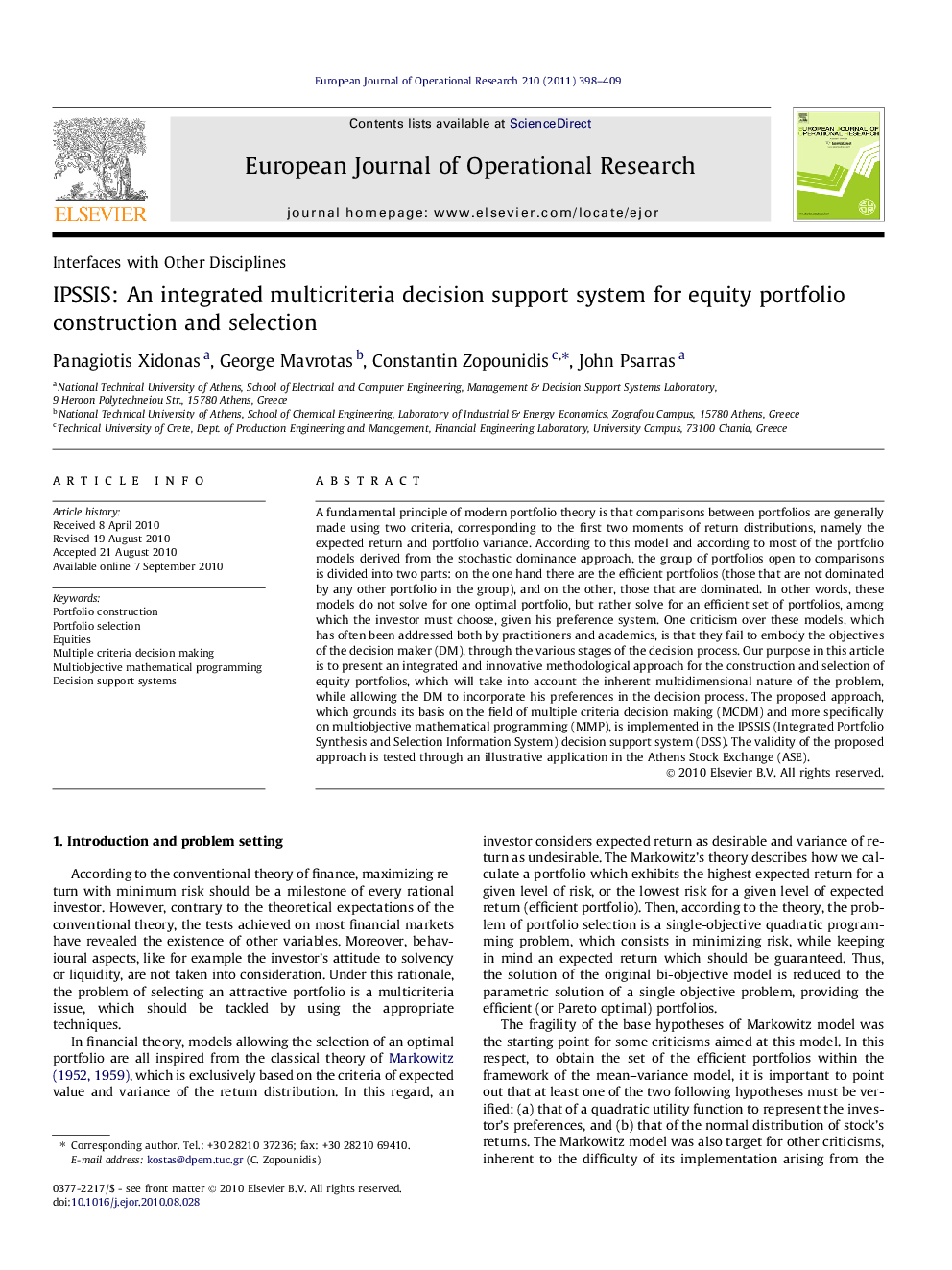 IPSSIS: An integrated multicriteria decision support system for equity portfolio construction and selection