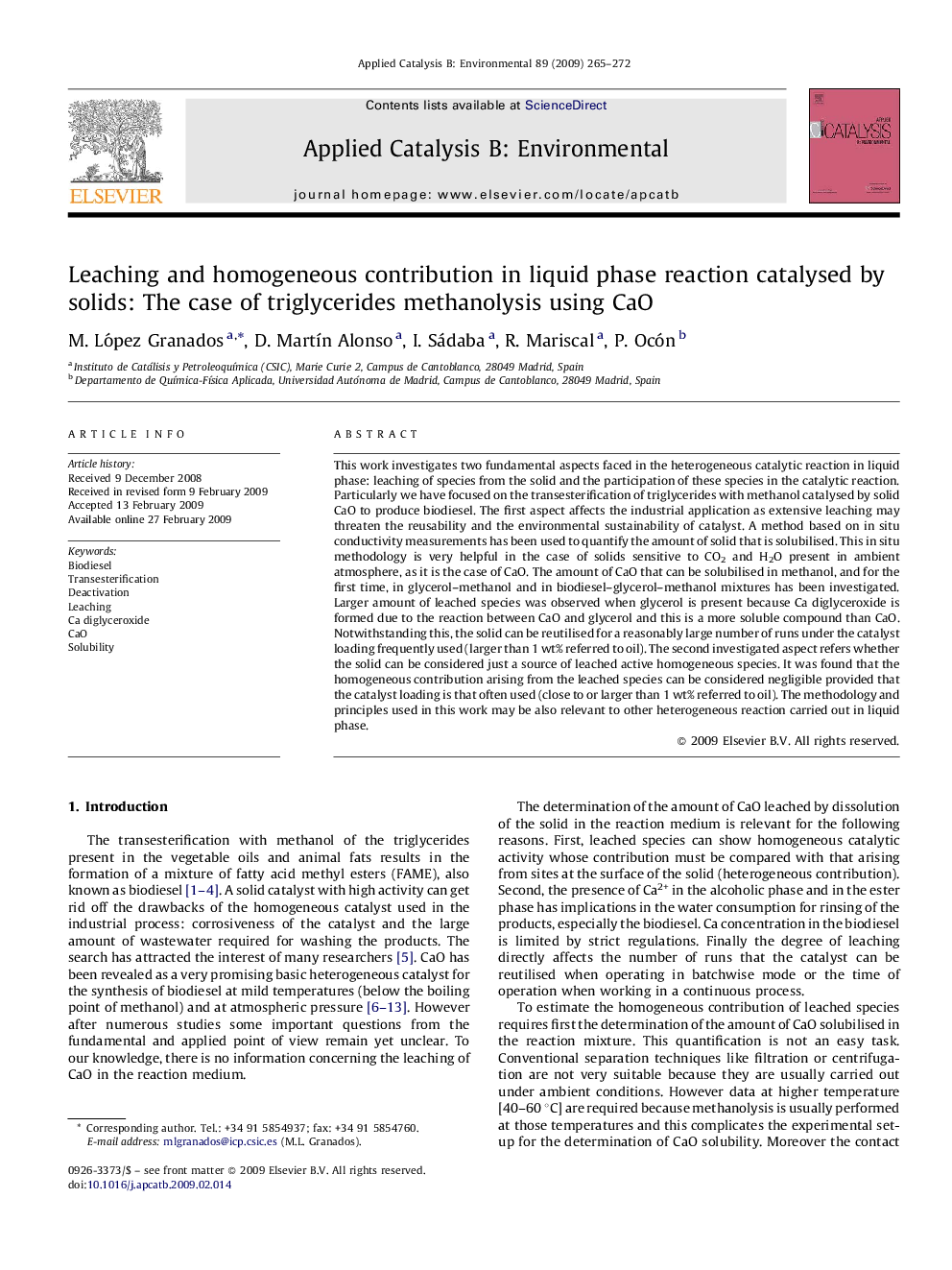 Leaching and homogeneous contribution in liquid phase reaction catalysed by solids: The case of triglycerides methanolysis using CaO