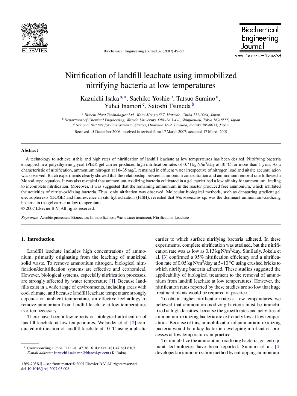 Nitrification of landfill leachate using immobilized nitrifying bacteria at low temperatures