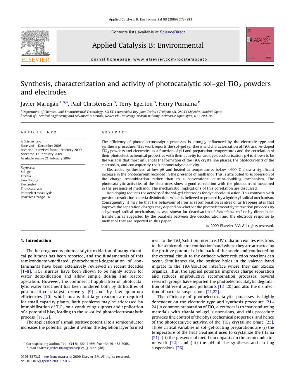 Synthesis, characterization and activity of photocatalytic sol–gel TiO2 powders and electrodes