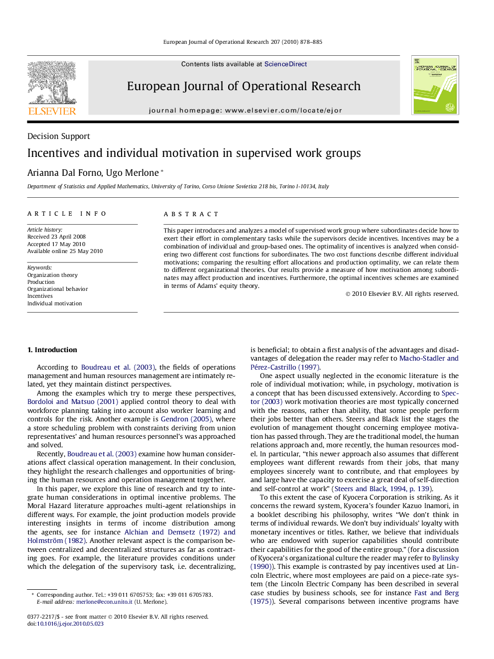 Incentives and individual motivation in supervised work groups