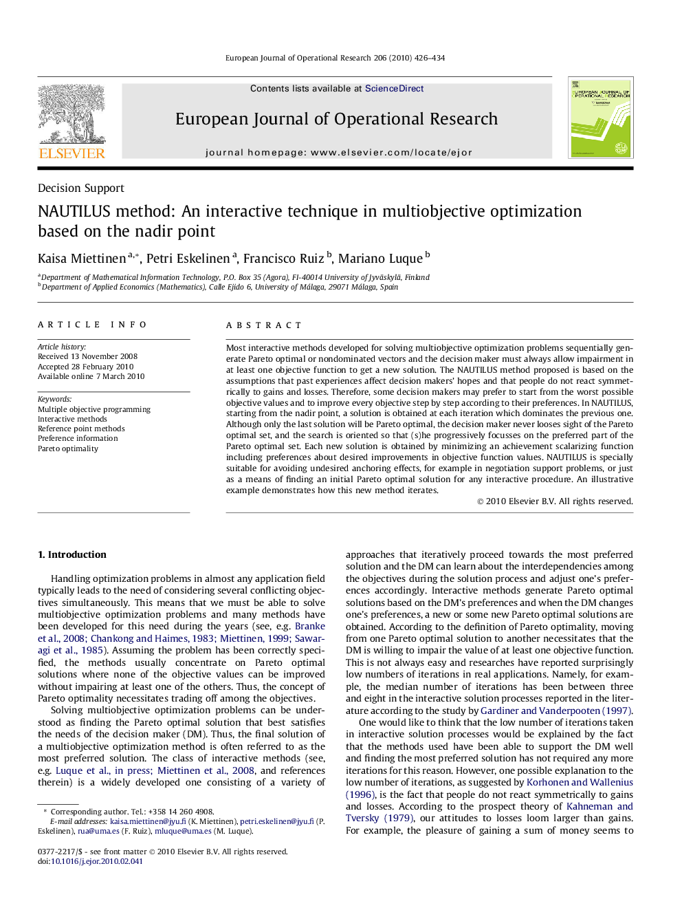 NAUTILUS method: An interactive technique in multiobjective optimization based on the nadir point