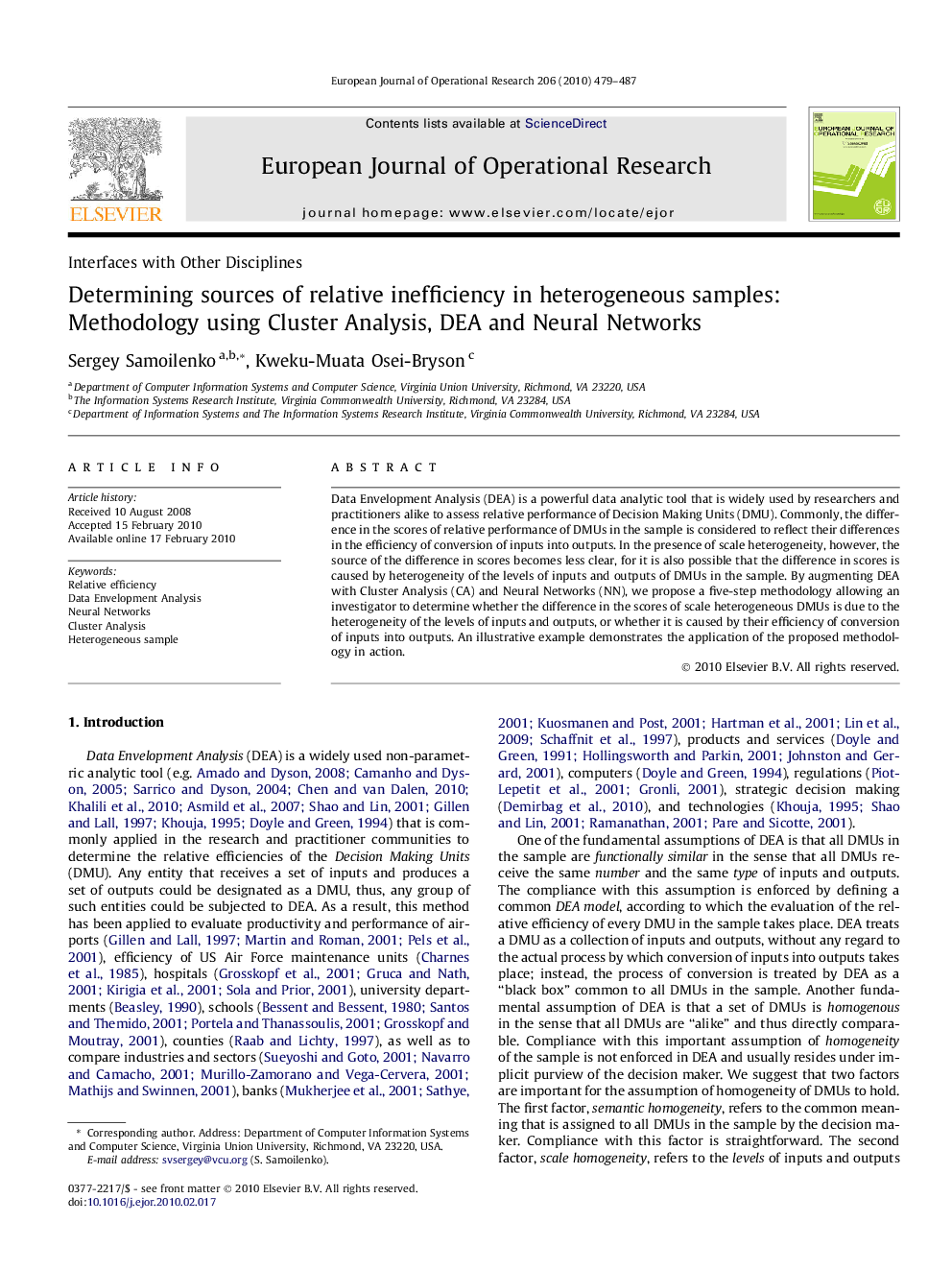 Determining sources of relative inefficiency in heterogeneous samples: Methodology using Cluster Analysis, DEA and Neural Networks