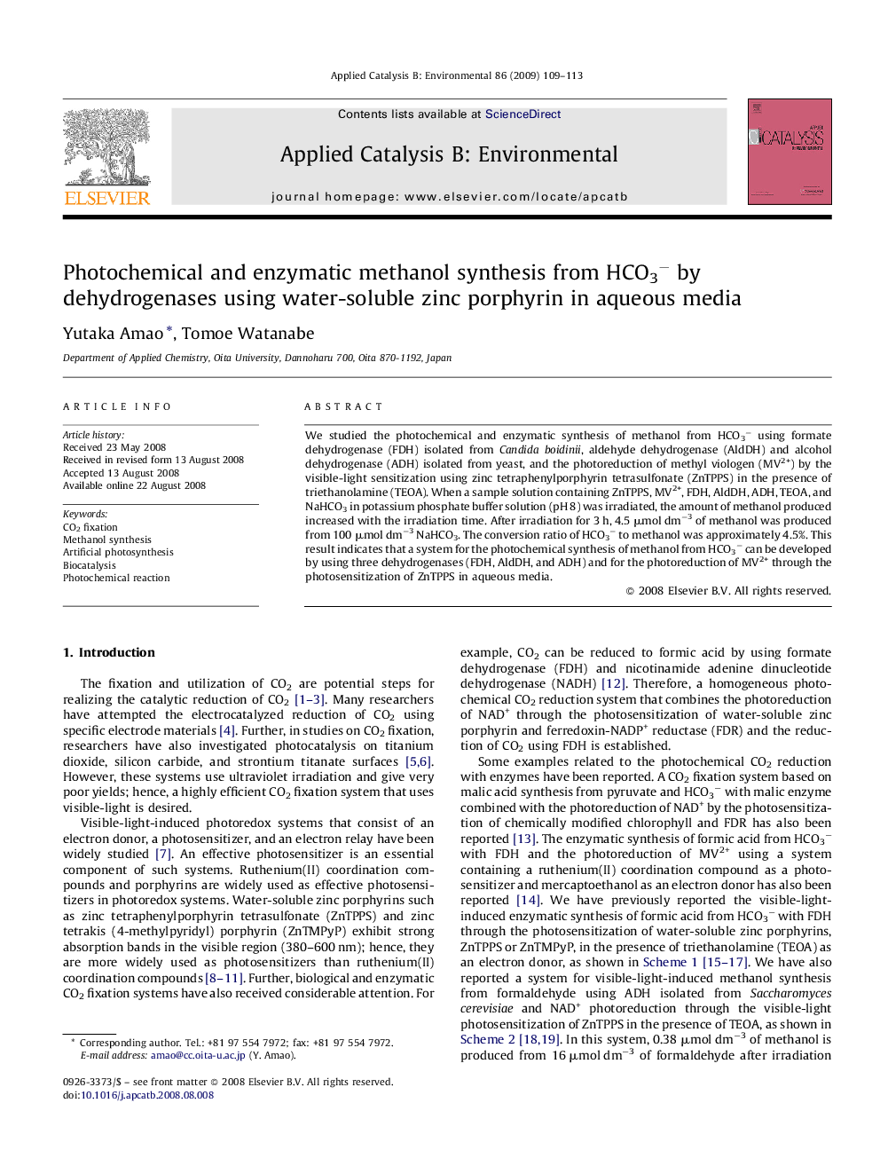 Photochemical and enzymatic methanol synthesis from HCO3− by dehydrogenases using water-soluble zinc porphyrin in aqueous media