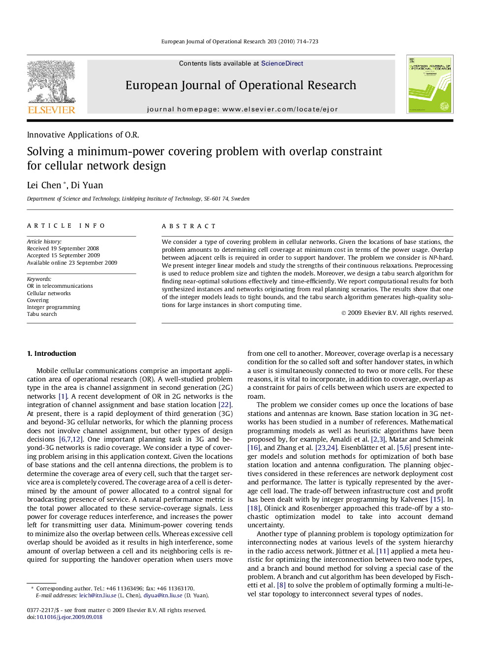 Solving a minimum-power covering problem with overlap constraint for cellular network design