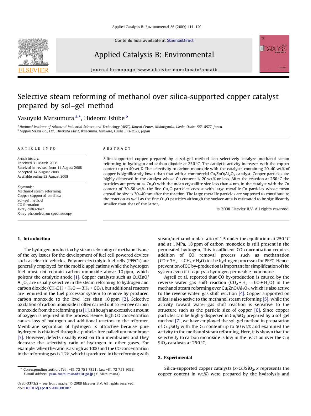 Selective steam reforming of methanol over silica-supported copper catalyst prepared by sol–gel method