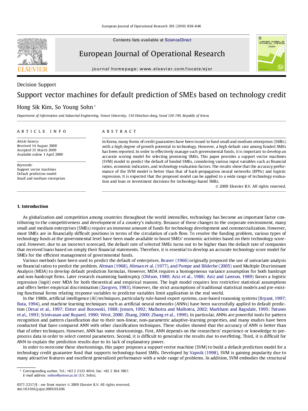 Support vector machines for default prediction of SMEs based on technology credit