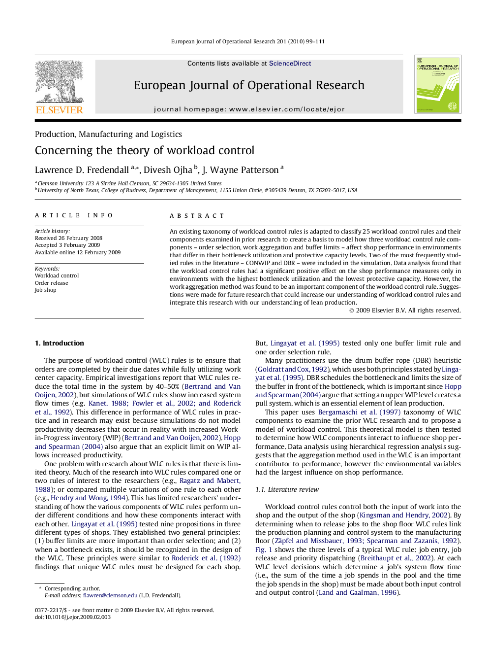 Concerning the theory of workload control