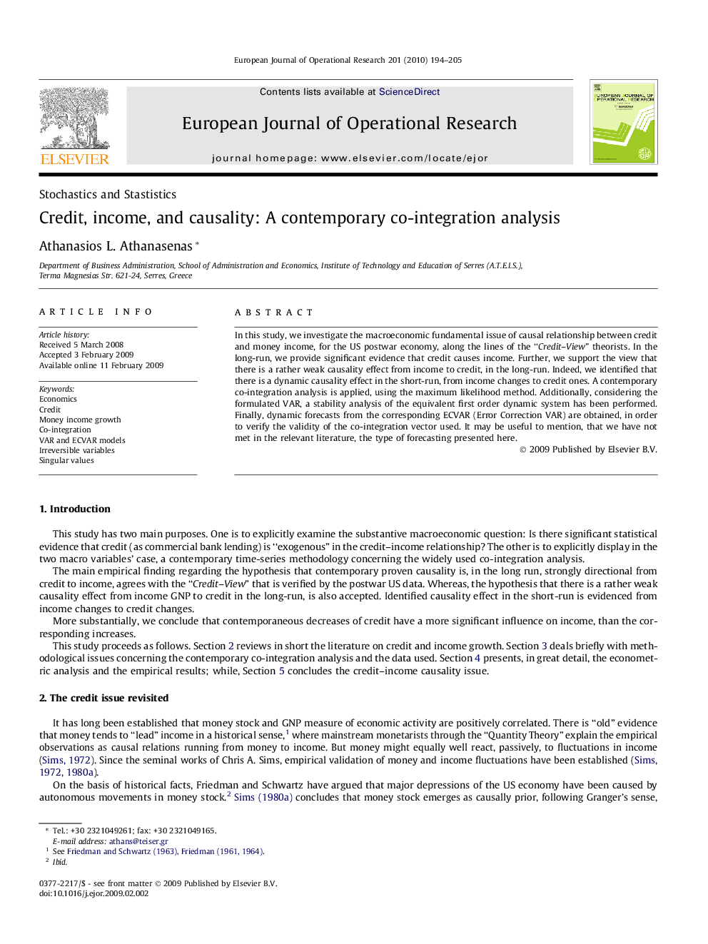 Credit, income, and causality: A contemporary co-integration analysis