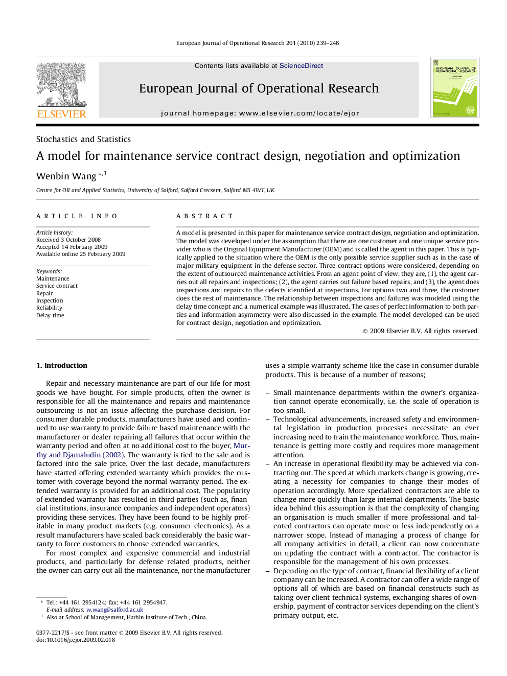 A model for maintenance service contract design, negotiation and optimization