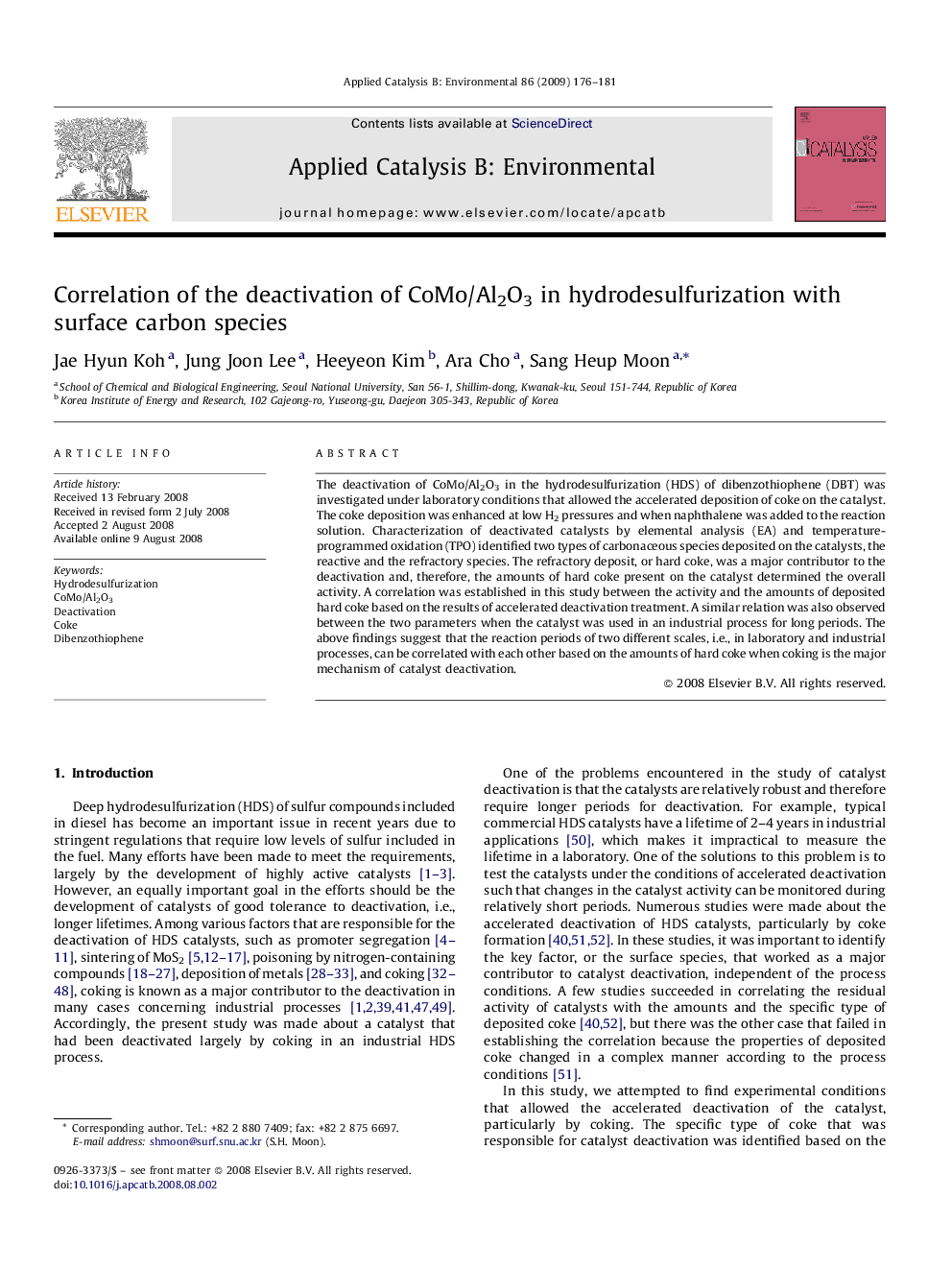 Correlation of the deactivation of CoMo/Al2O3 in hydrodesulfurization with surface carbon species