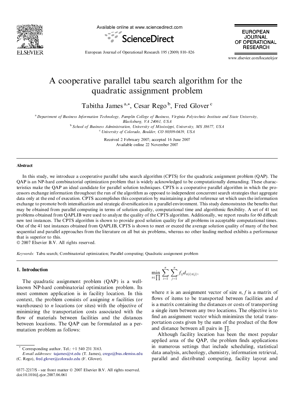 A cooperative parallel tabu search algorithm for the quadratic assignment problem