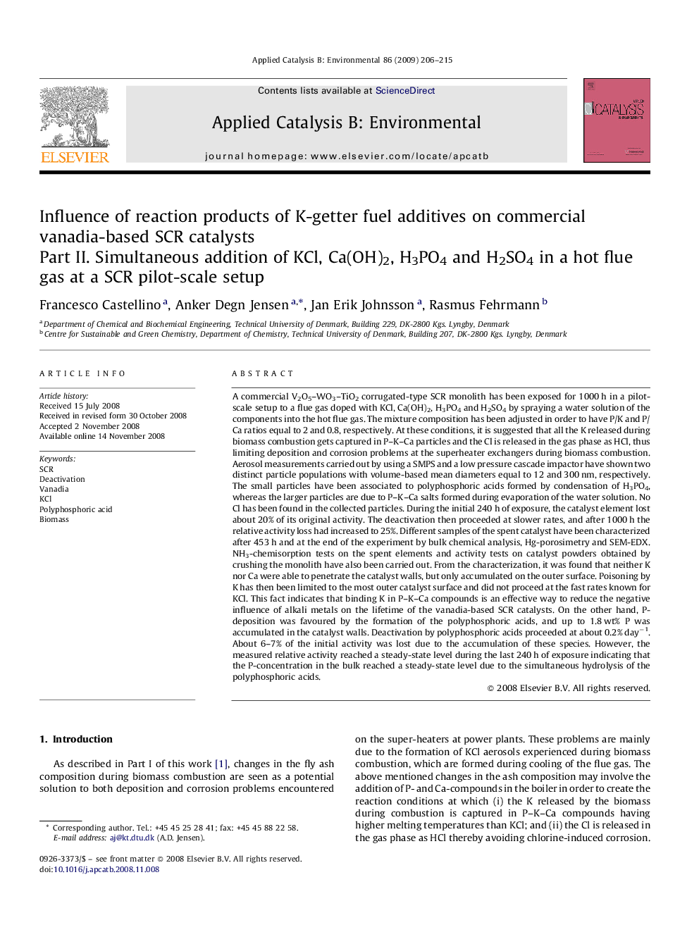 Influence of reaction products of K-getter fuel additives on commercial vanadia-based SCR catalysts: Part II. Simultaneous addition of KCl, Ca(OH)2, H3PO4 and H2SO4 in a hot flue gas at a SCR pilot-scale setup