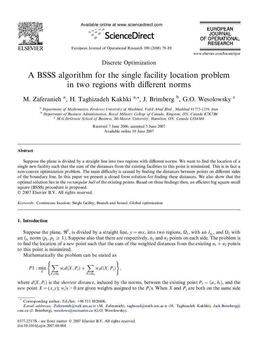 A BSSS algorithm for the single facility location problem in two regions with different norms