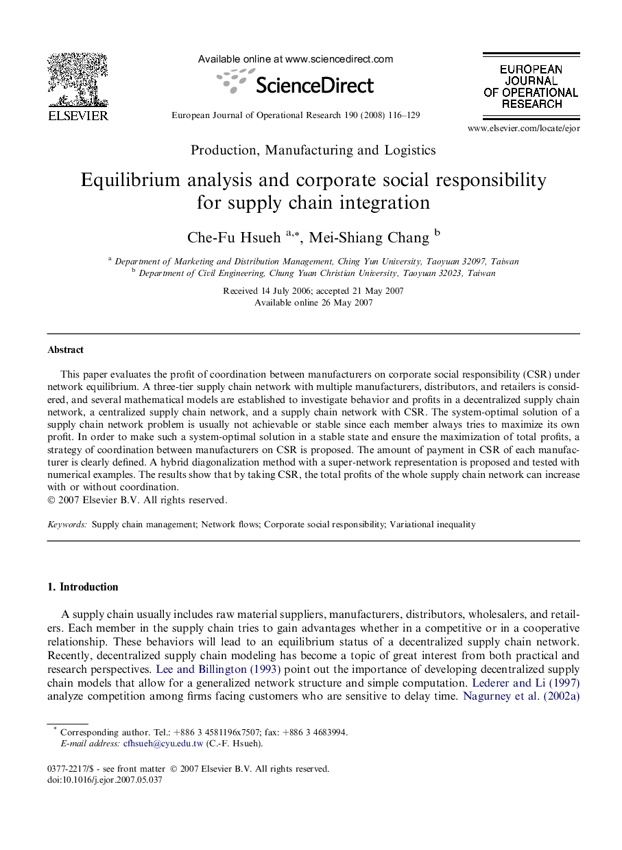 Equilibrium analysis and corporate social responsibility for supply chain integration