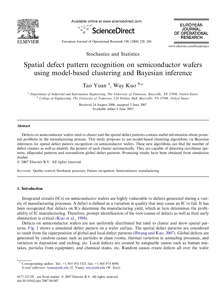 Spatial defect pattern recognition on semiconductor wafers using model-based clustering and Bayesian inference