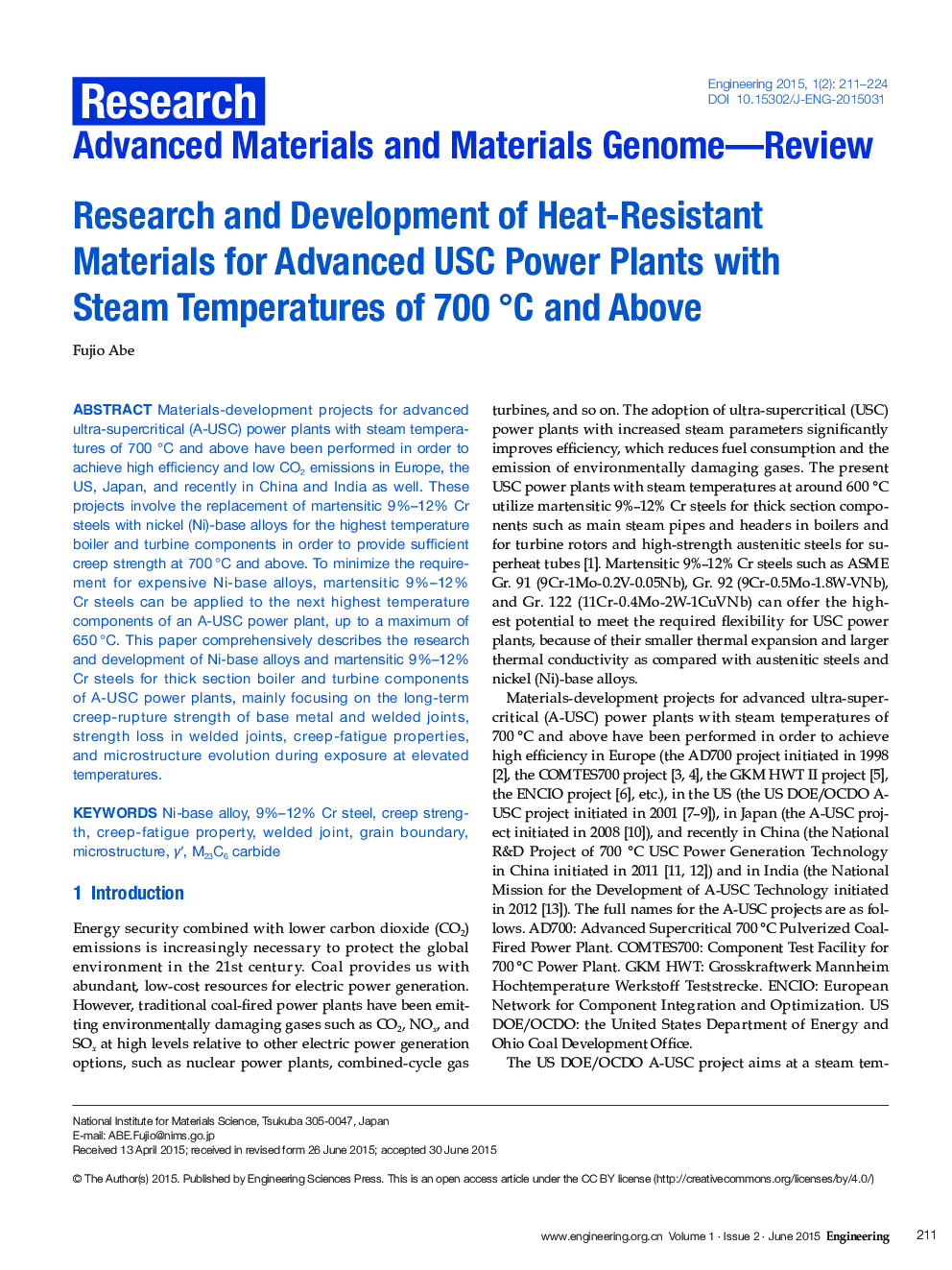 Research and Development of Heat-Resistant Materials for Advanced USC Power Plants with Steam Temperatures of 700 °C and Above