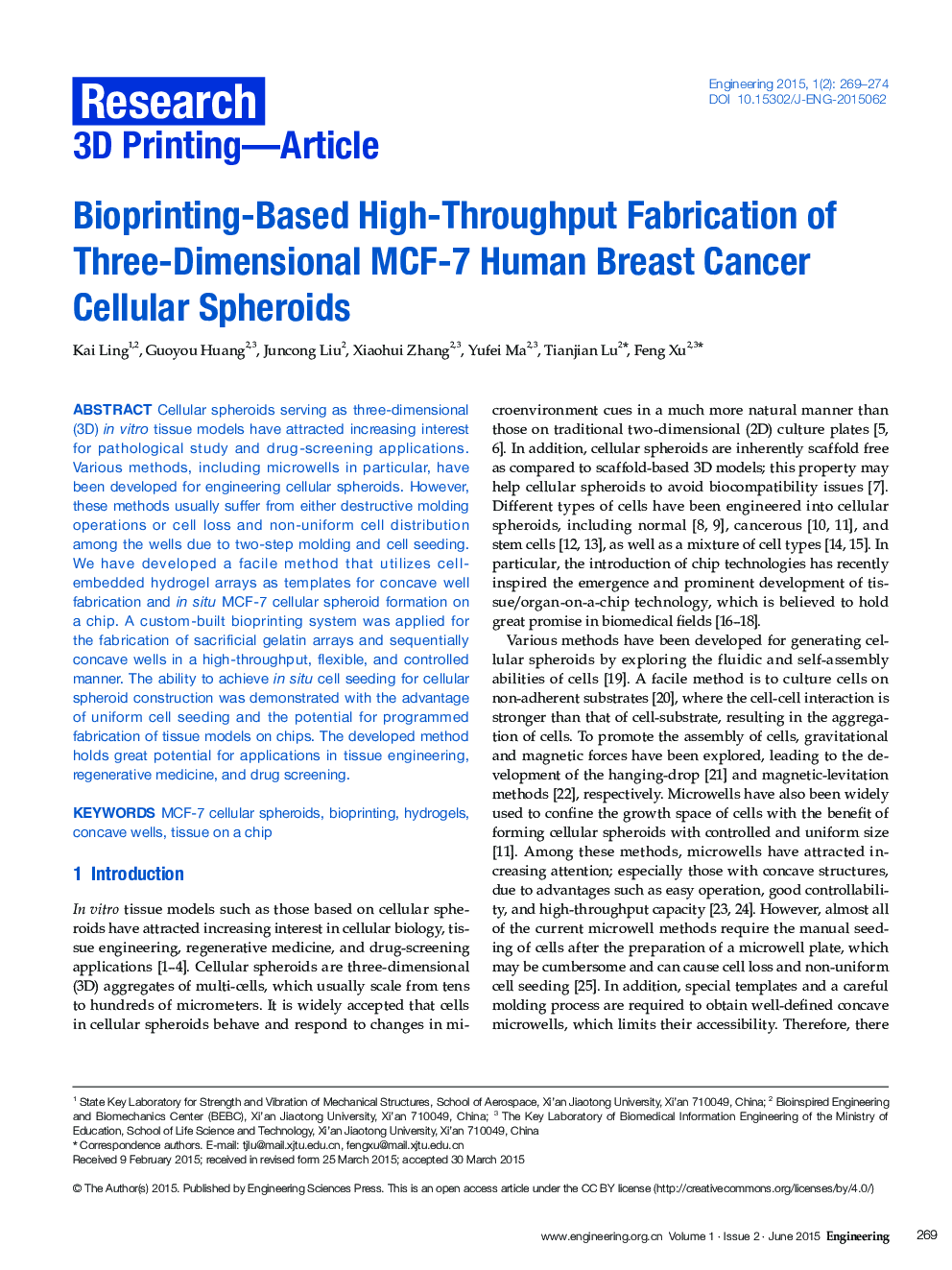 Bioprinting-Based High-Throughput Fabrication of Three-Dimensional MCF-7 Human Breast Cancer Cellular Spheroids