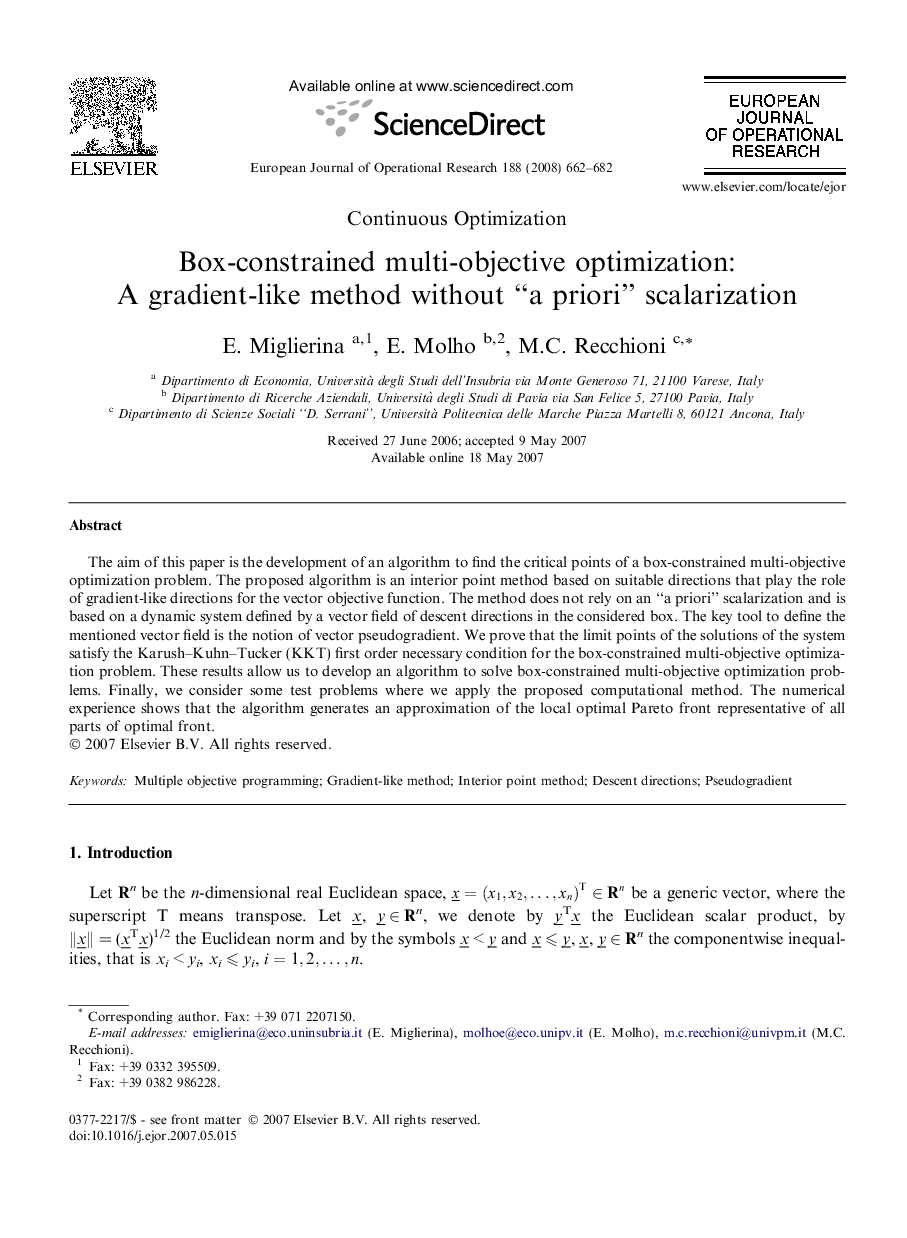 Box-constrained multi-objective optimization: A gradient-like method without “a priori” scalarization