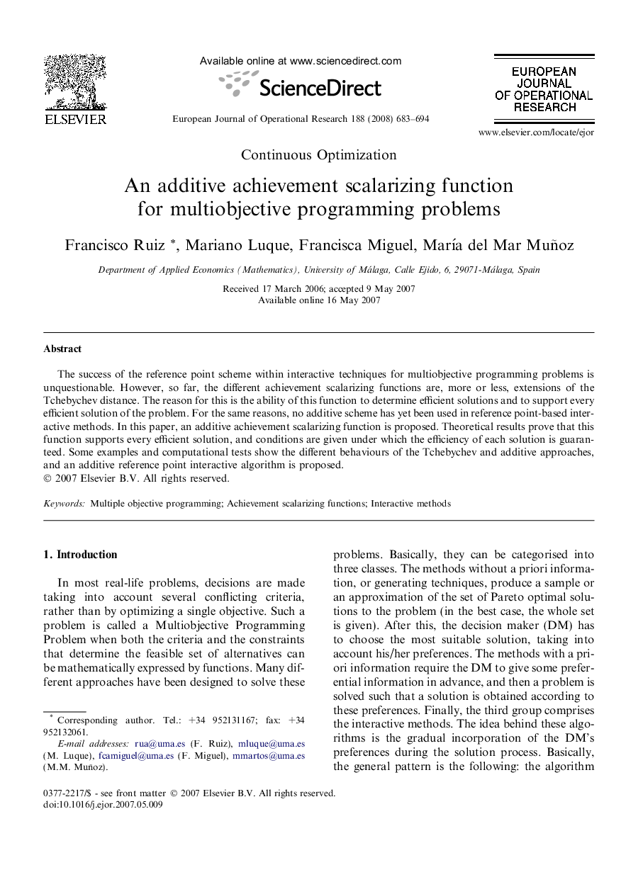 An additive achievement scalarizing function for multiobjective programming problems