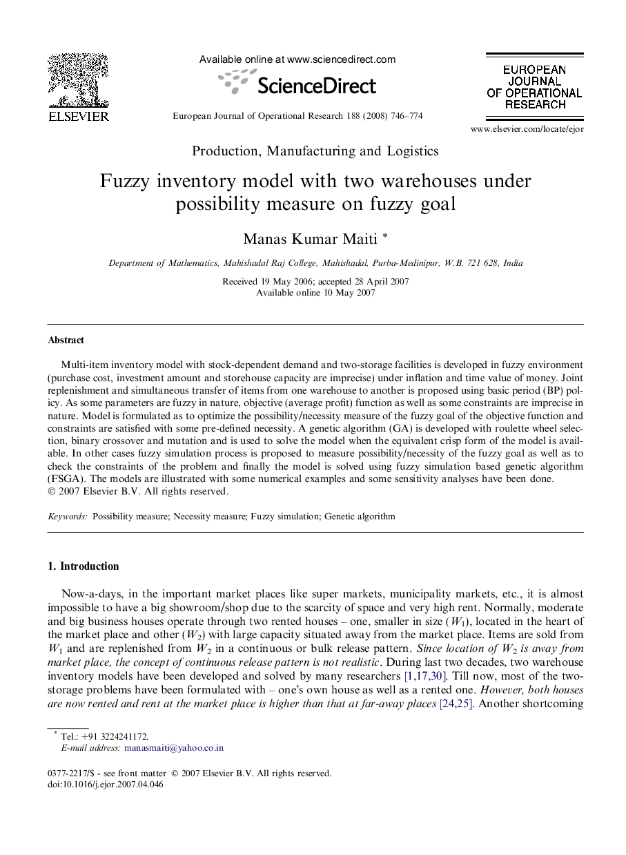 Fuzzy inventory model with two warehouses under possibility measure on fuzzy goal