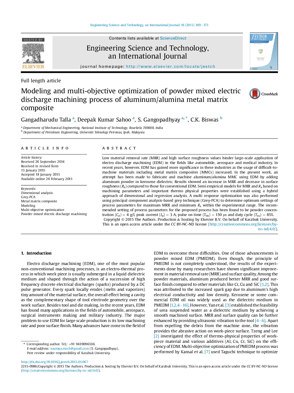 Modeling and multi-objective optimization of powder mixed electric discharge machining process of aluminum/alumina metal matrix composite 